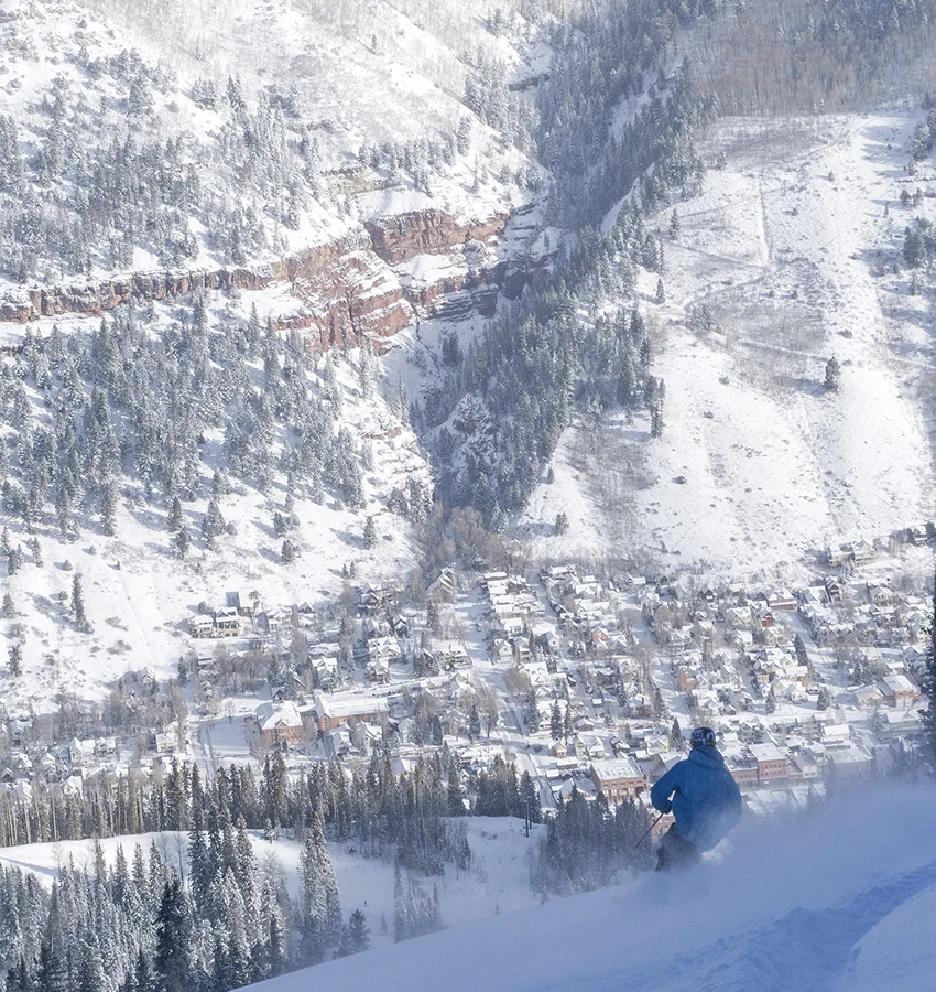 Skiing into the town of Telluride on a powder day