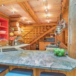 mountain village vacation rental yellow brick cabin kitchen counters