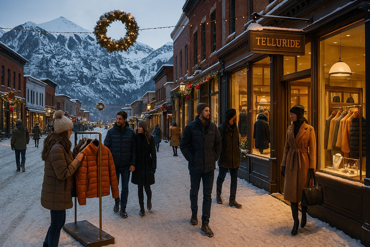 Holiday Shopping in Telluride Snow-covered Telluride Main Street during winter shopping season with holiday decorations and warm storefront lighting.