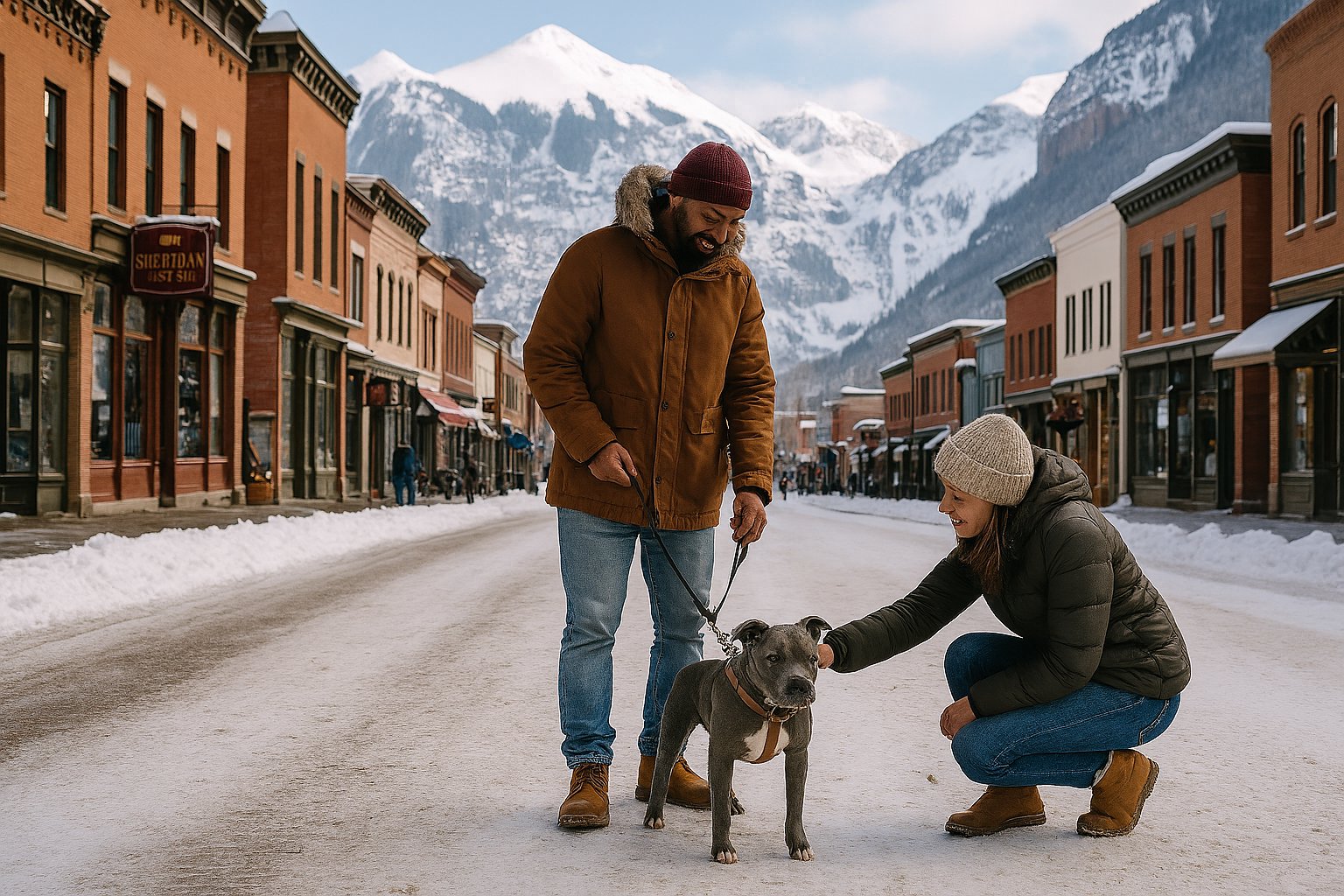 Pet friendly vacation homes in Telluride Man walking a dog in downtown Telluride